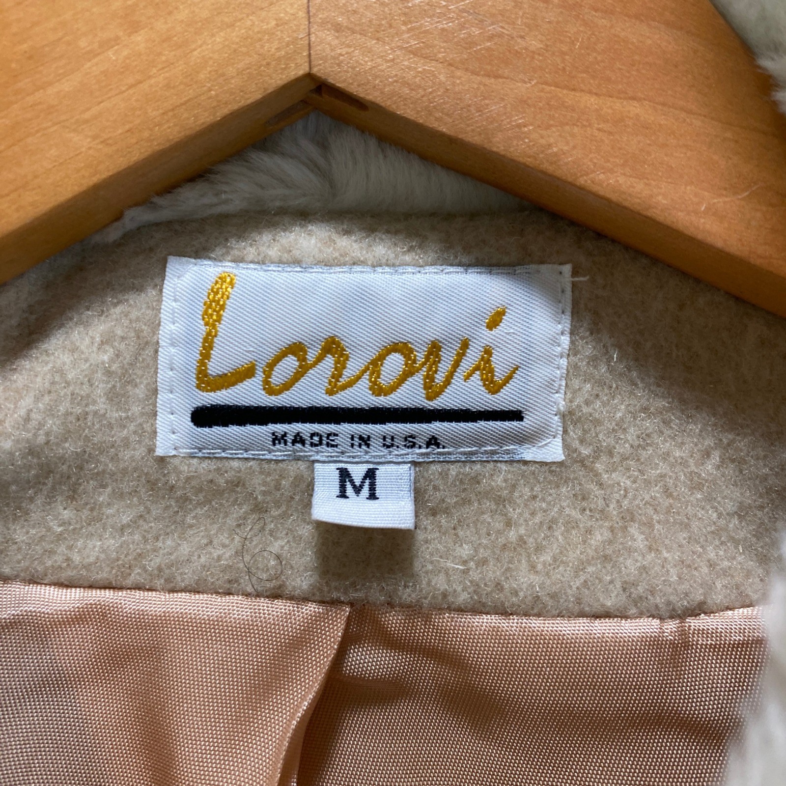 VTG Lorovi Hooded Faux Fur Trim Wool Belted Coat Womens M Beige Made in USA Zip
