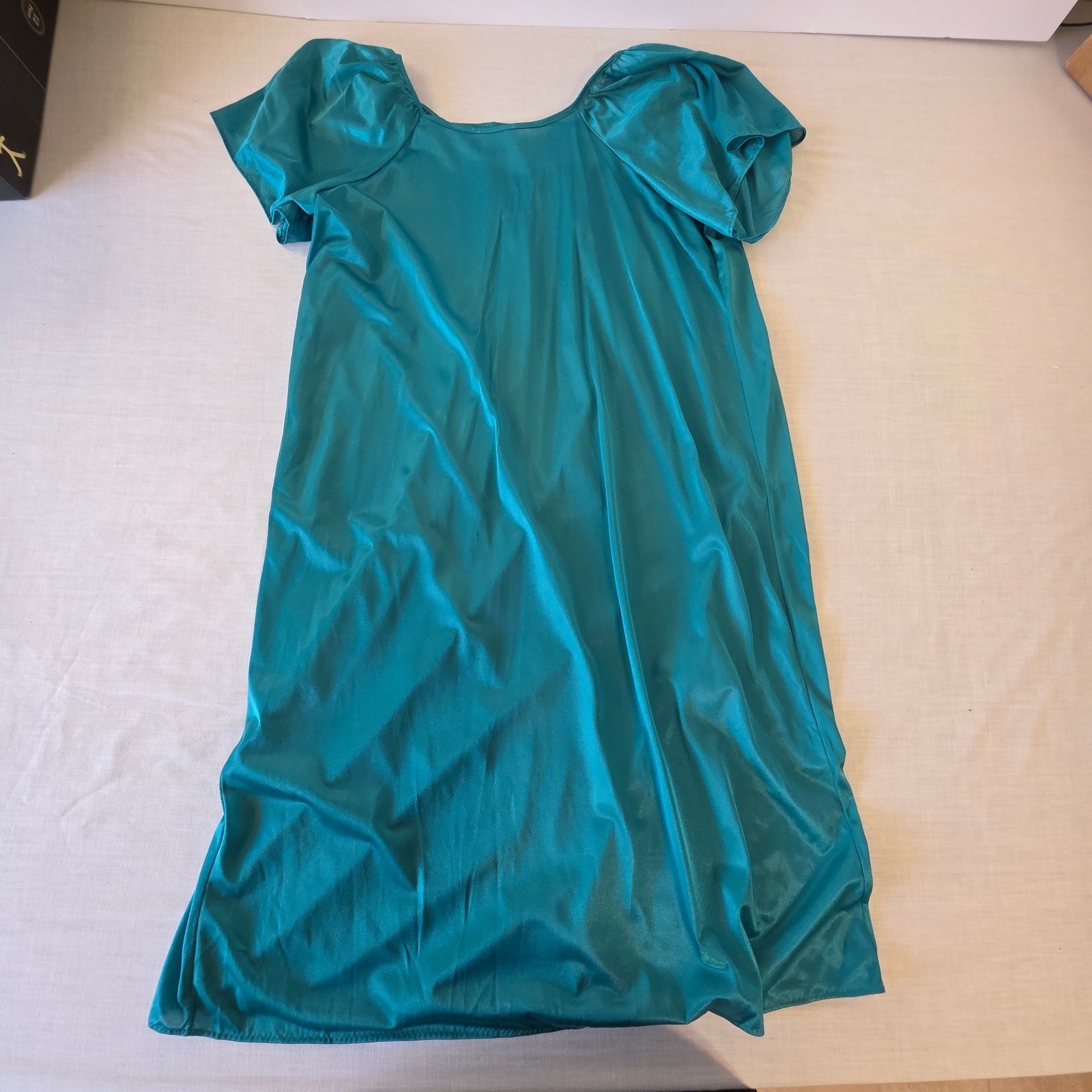 Milco Nightgown Vintage Floral Embroidered Shimmer Teal Large Lounge Dress 70s