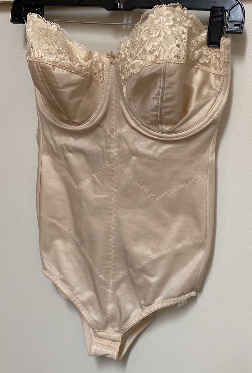 Vintage GLAMORISE Bodysuit Girdle Bra Shaper Beige 6216 Lace Strapless 36D