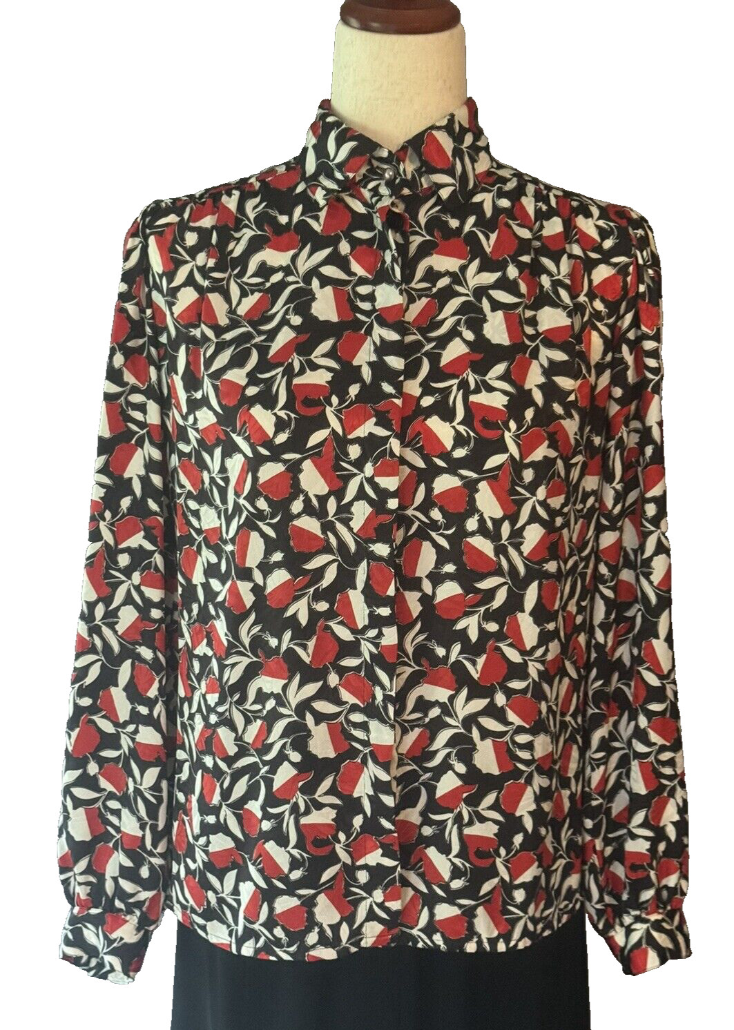 Lloyd Williams Vintage Blouse Black Red White Satin Polyester Size 4