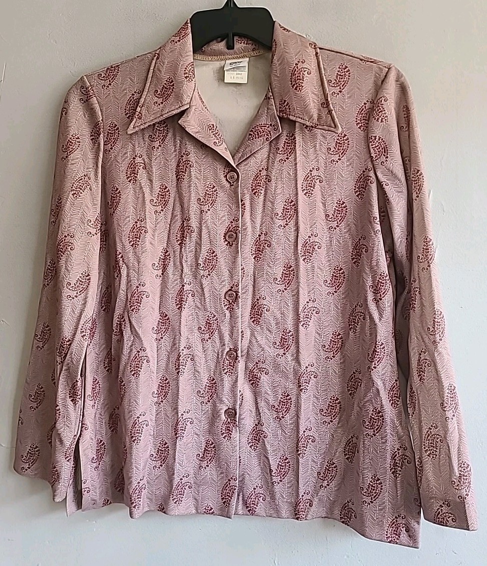 Vintage 1970s Women’s Large 15/16 Long Sleeve Button Up Shirt Pink Paisley Nikki