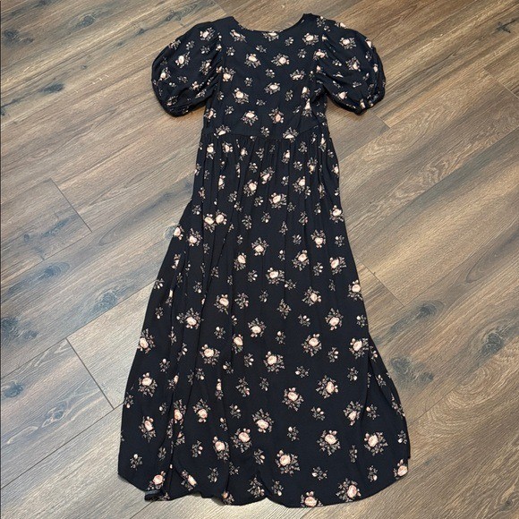 Christy Dawn Black Floral Puff Sleeve Midi Dress Deadstock XS Cottagecore Rose