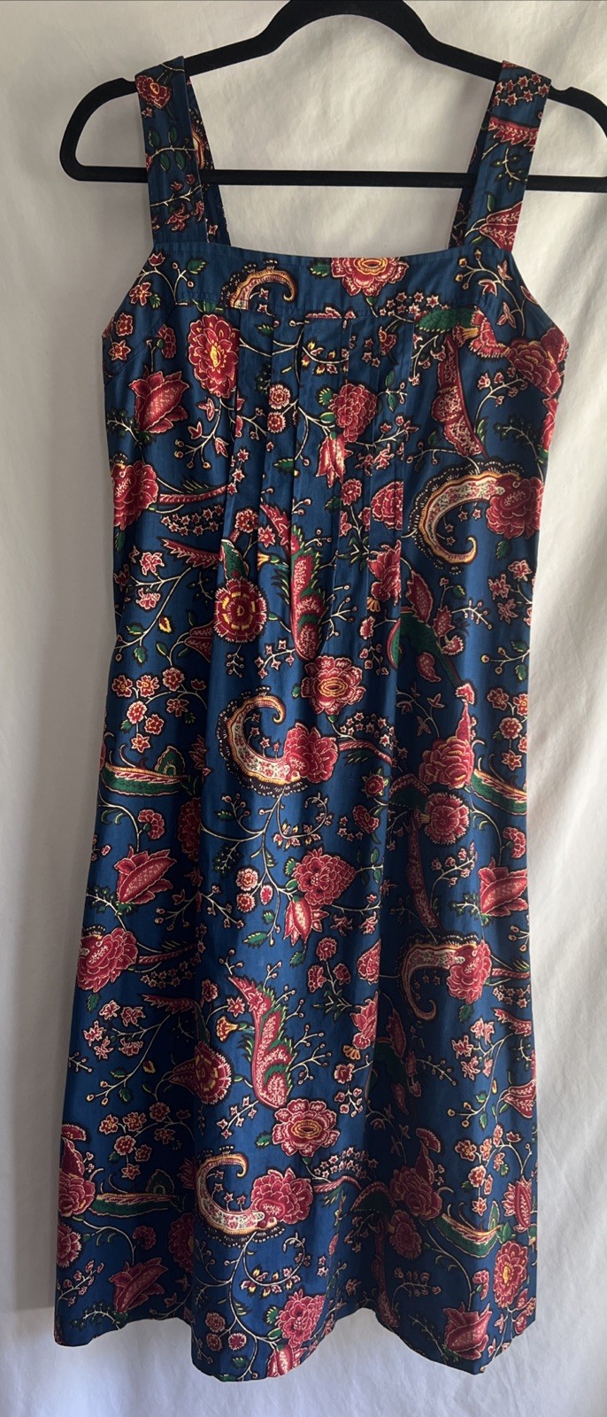 1970s Handmade Pinafore Midi Sundress Pintuck Bodice Jewel Tone Paisley Pattern