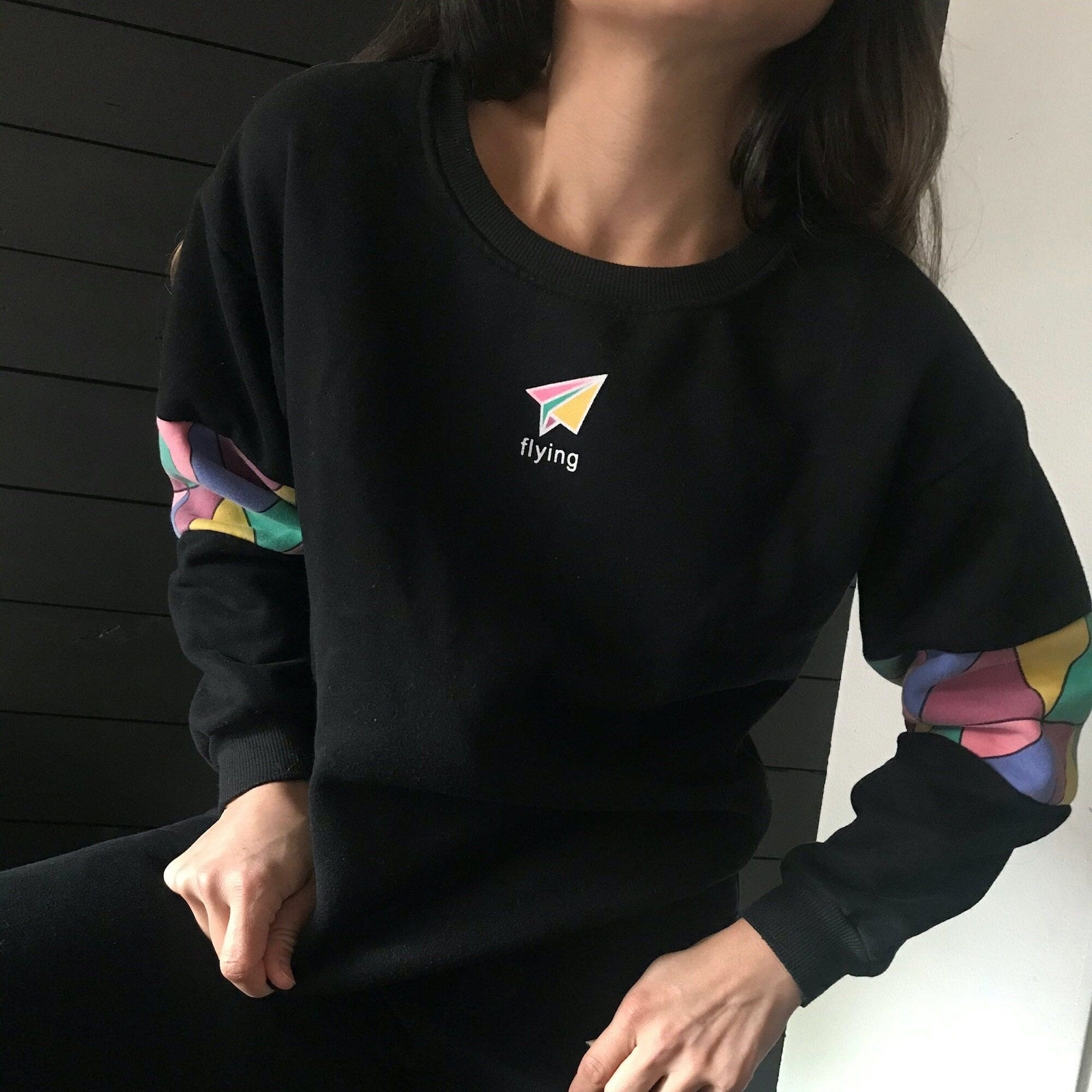 vtg 80s knit black sweatshirt pastel kite boho crewneck pullover small street