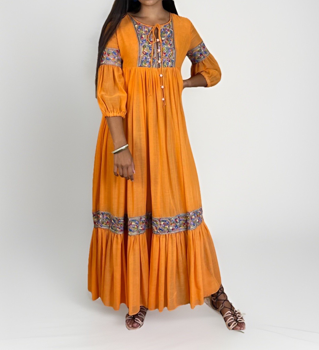 Vintage Beverly Paige Embroidered Orange Gauze Maxi Dress 70s Hippie Cottagecore