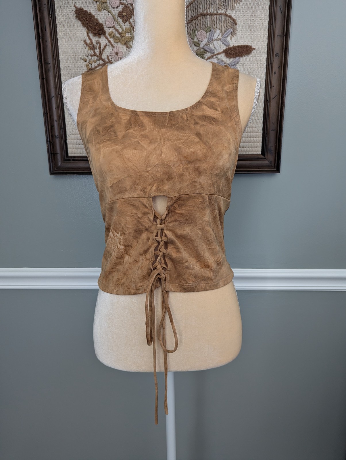 Vintage 90s Isla USA Brand Lace Up Front Cropped Tank Top Grunge Festival Wear
