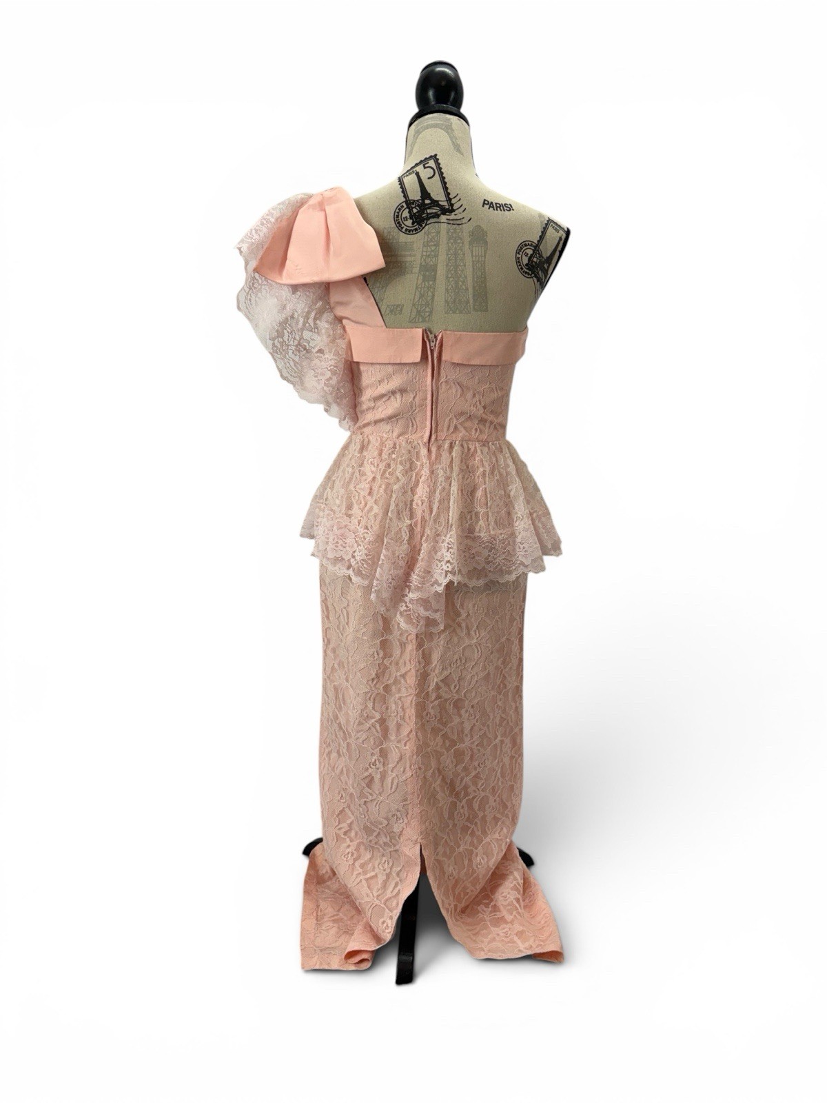 Vintage 80s Pink Lace One Shoulder Prom Gown Peplum David Howard Climax XS