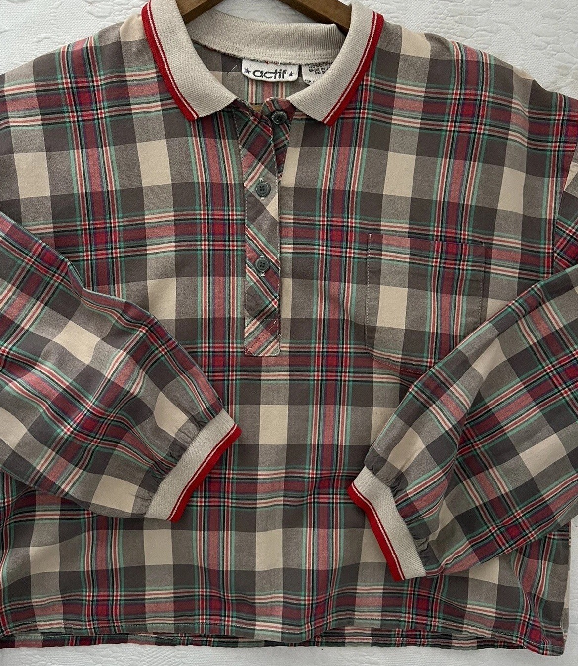 Vintage 1980’s Actif Cropped Top Blouse Shirt Balloon Sleeve Women’s Large Plaid