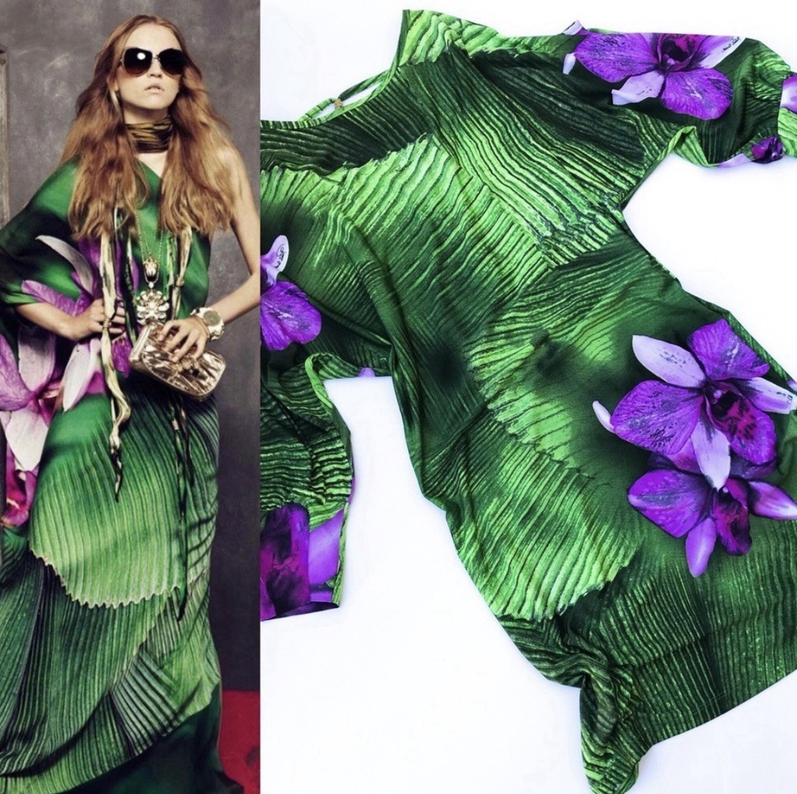 Vintage Runway & Magazine Roberto Cavalli Purple & Green Floral Dress M – XL
