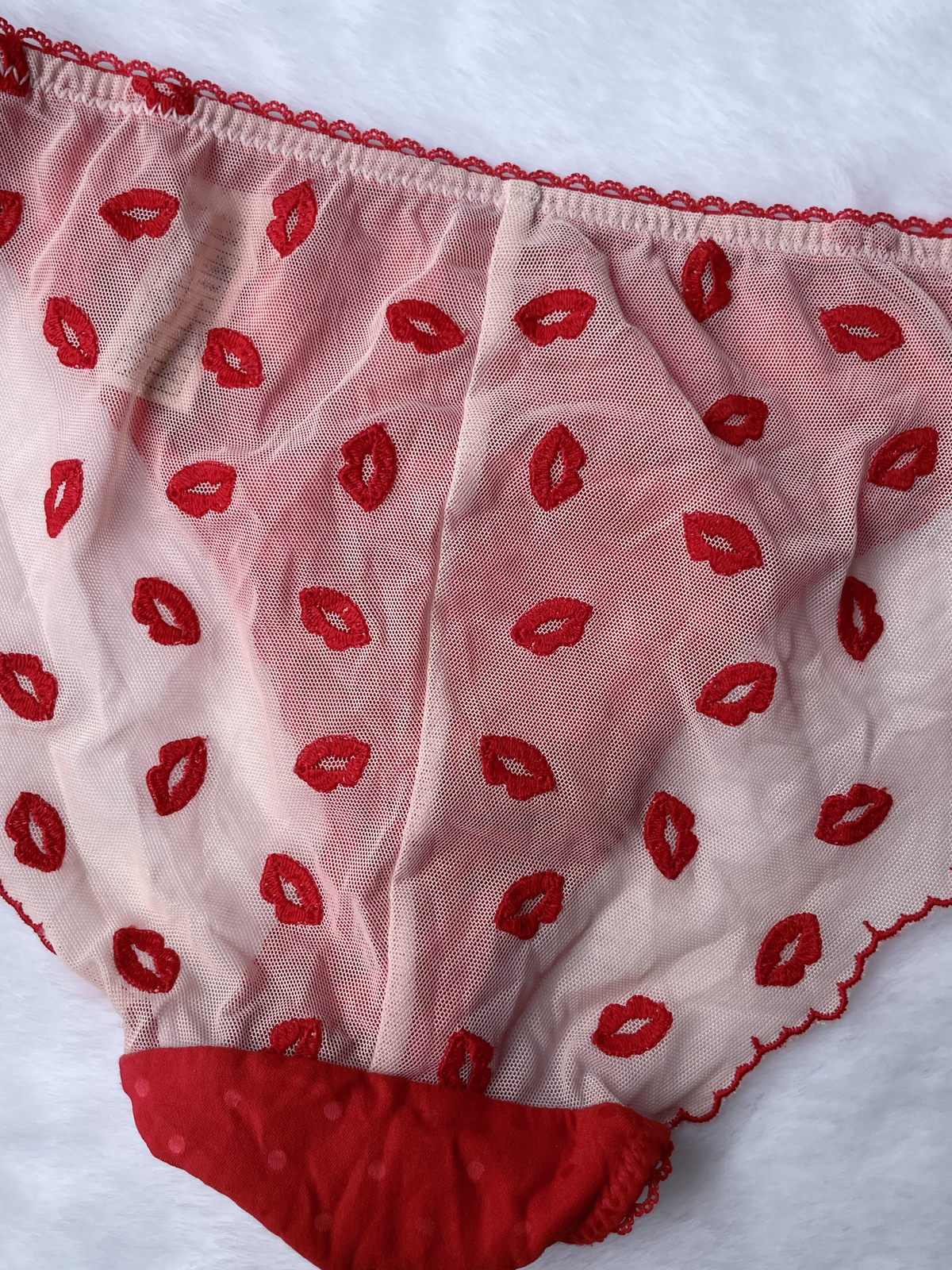 Vintage Retro TRIUMPH Sheer Nylon Polyester Thong Panties Red Lip Briefs SZ.5/S