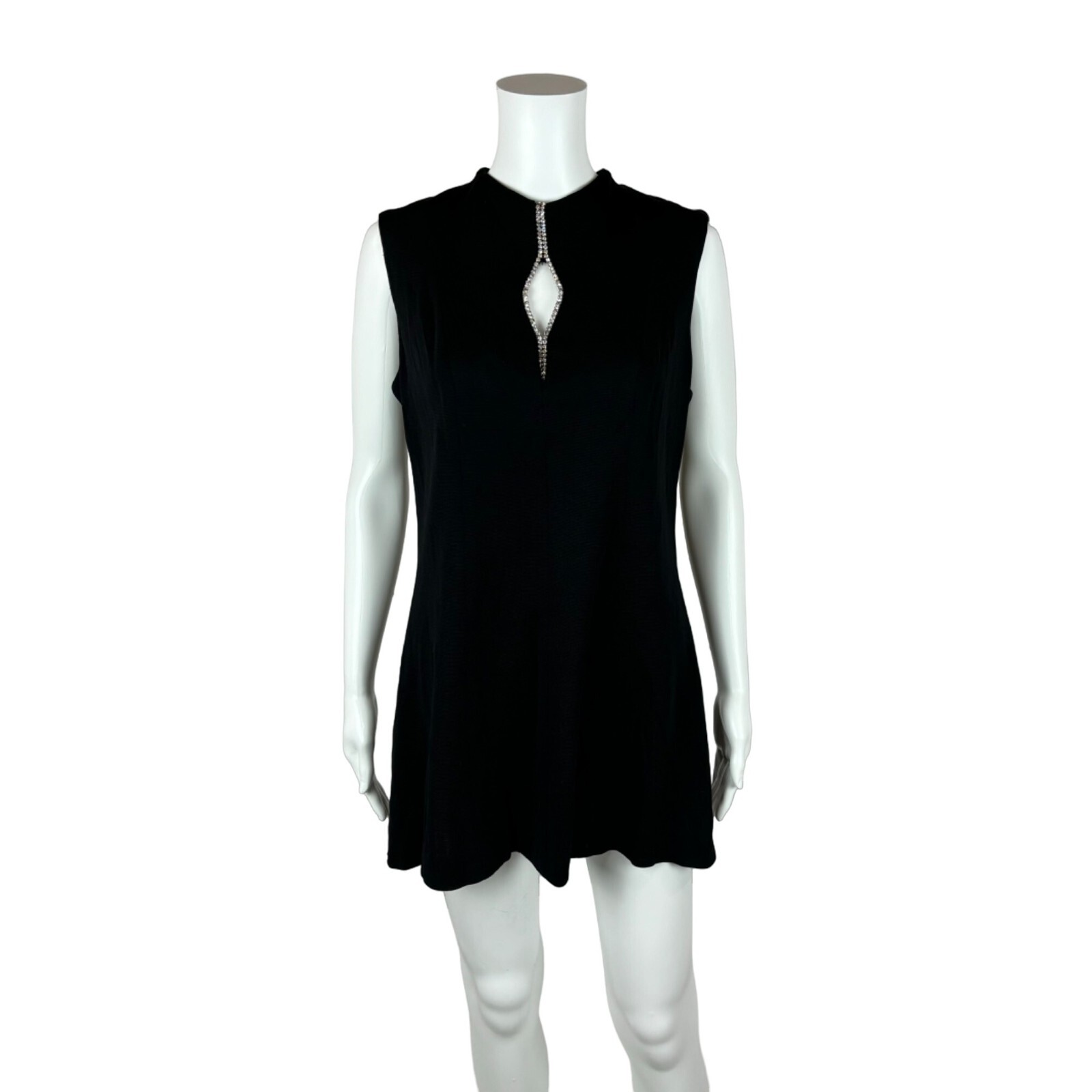 Vintage 60s Mod Mini Dress Black Rhinestone Keyhole Neckline Knit Tunic
