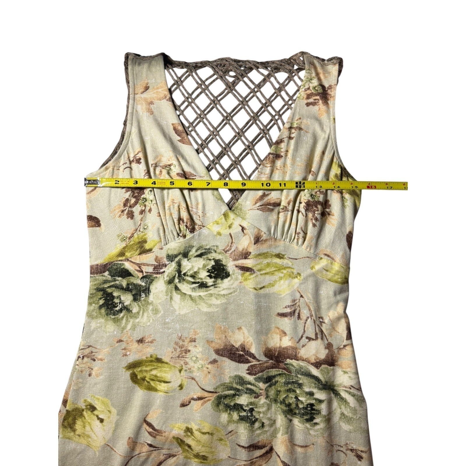 Vintage Casadei Dress Floral Macrame Back Asymmetrical Hem Green Brown Large