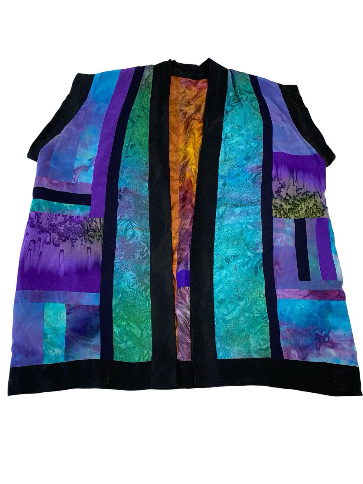 Art to Wear Silk Patchwork Vest Open Front Boho Artisan Kimono Style XL/2X OOAK