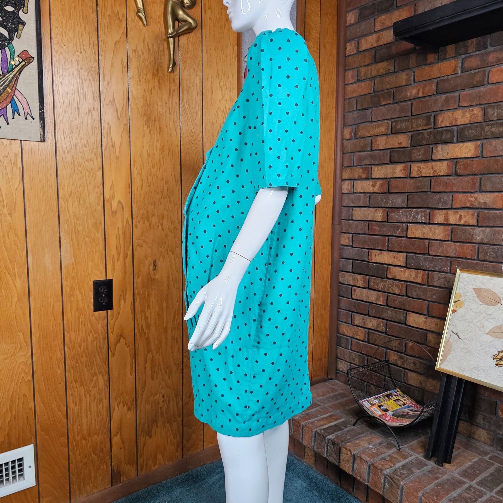 Vtg 80s New Wave Maternity Power Suit Teal Polka Dot Pencil Secretary Dress M/L