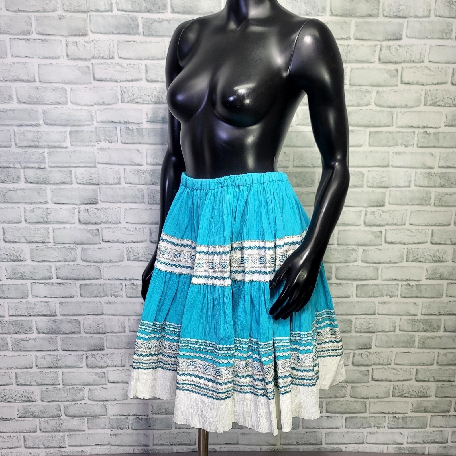 Vintage 70s Blue White Crinkle Cotton Skirt Wrap Top Set Boho Folk Square Dance