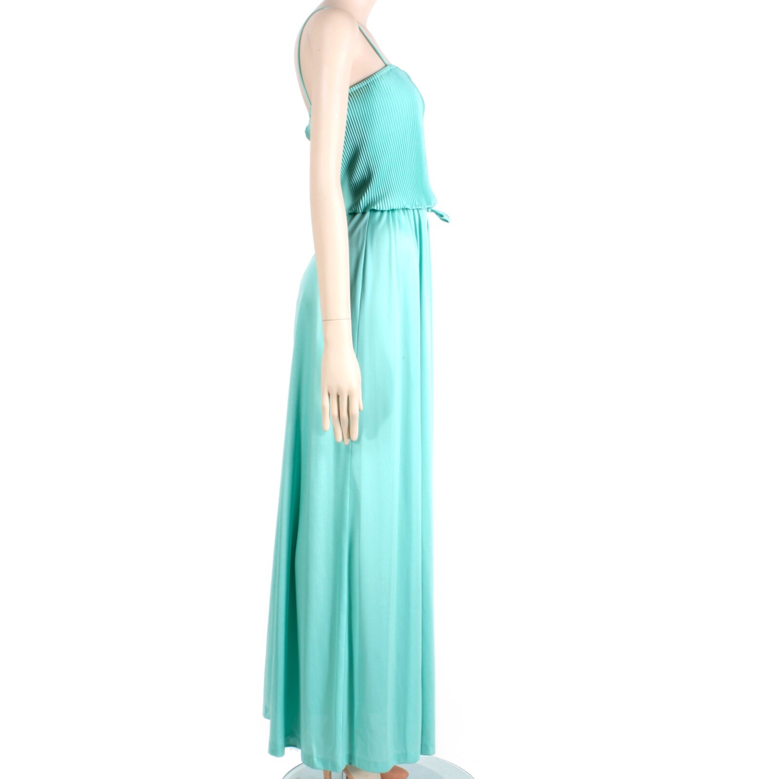 M Vintage 1970s Mint Green Aqua Silky Casual Sleeveless Maxi Dress 70s
