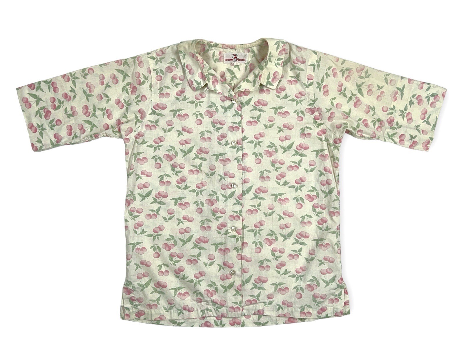 VINTAGE 1950S WOMENS LOOP COLLAR CHERRY PATTERN ALL OVER BUTTON UP 12