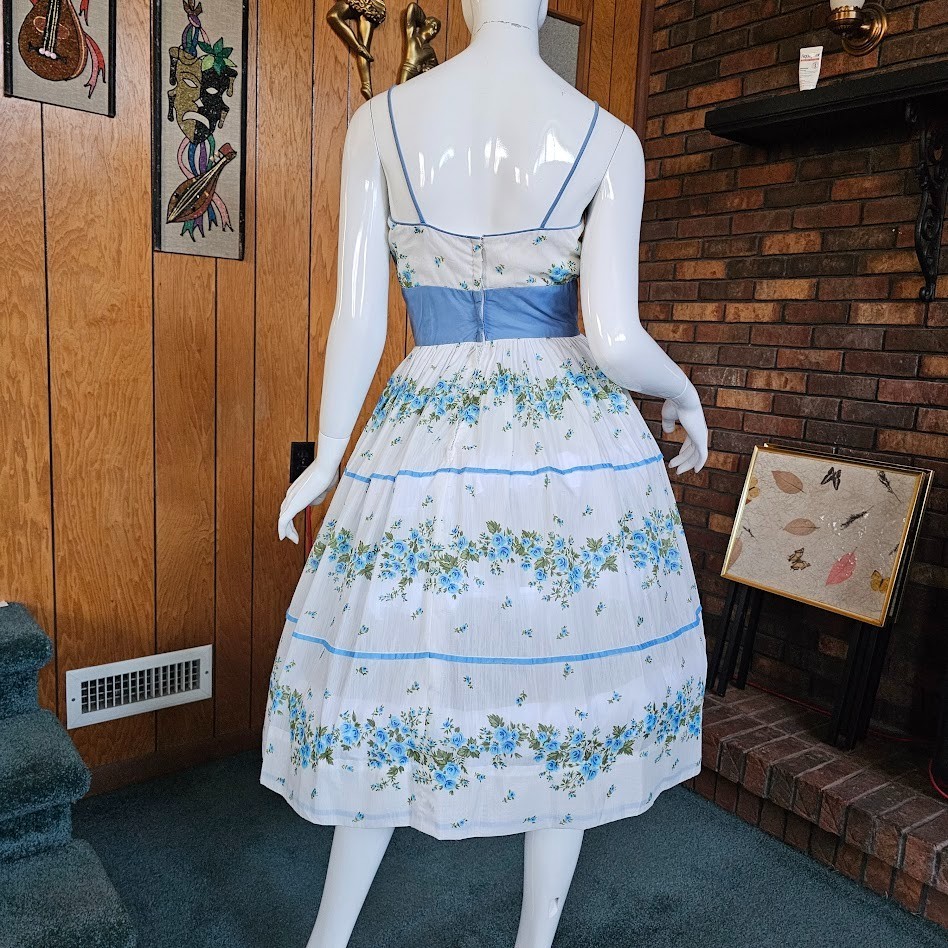 Vintage 50s Aqua Olive Cabbage Rose Voile Sheer Circle Skirt Party Prom Dress S