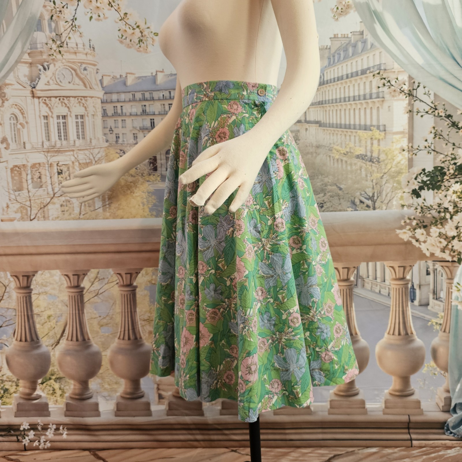 Vintage 1960’s Skirt Midi Skirt Green Pink Blue Floral Retro