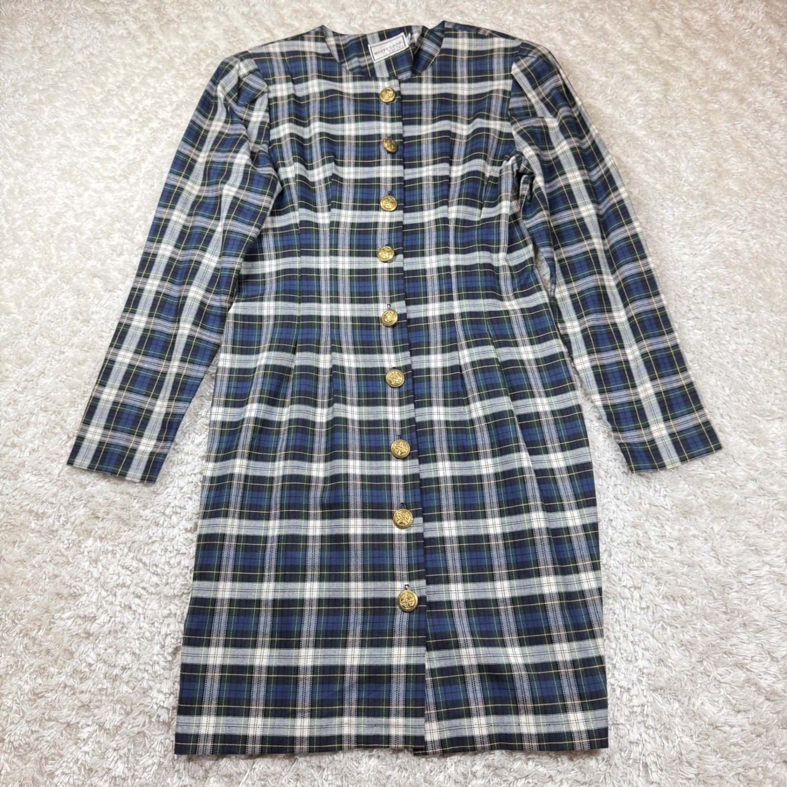 Vintage Misty Lane Plaid Dress 7/8 Gold Button Christmas Holiday 80s Union Tag