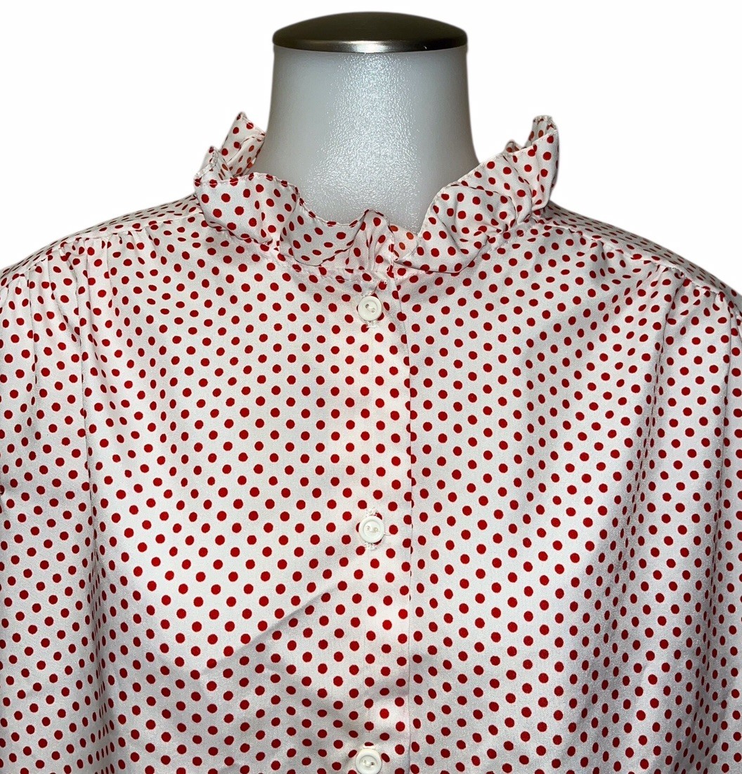 Vtg SEARS The Fashion Place White W/Red Polka Dots Blouse Ruffled Collar