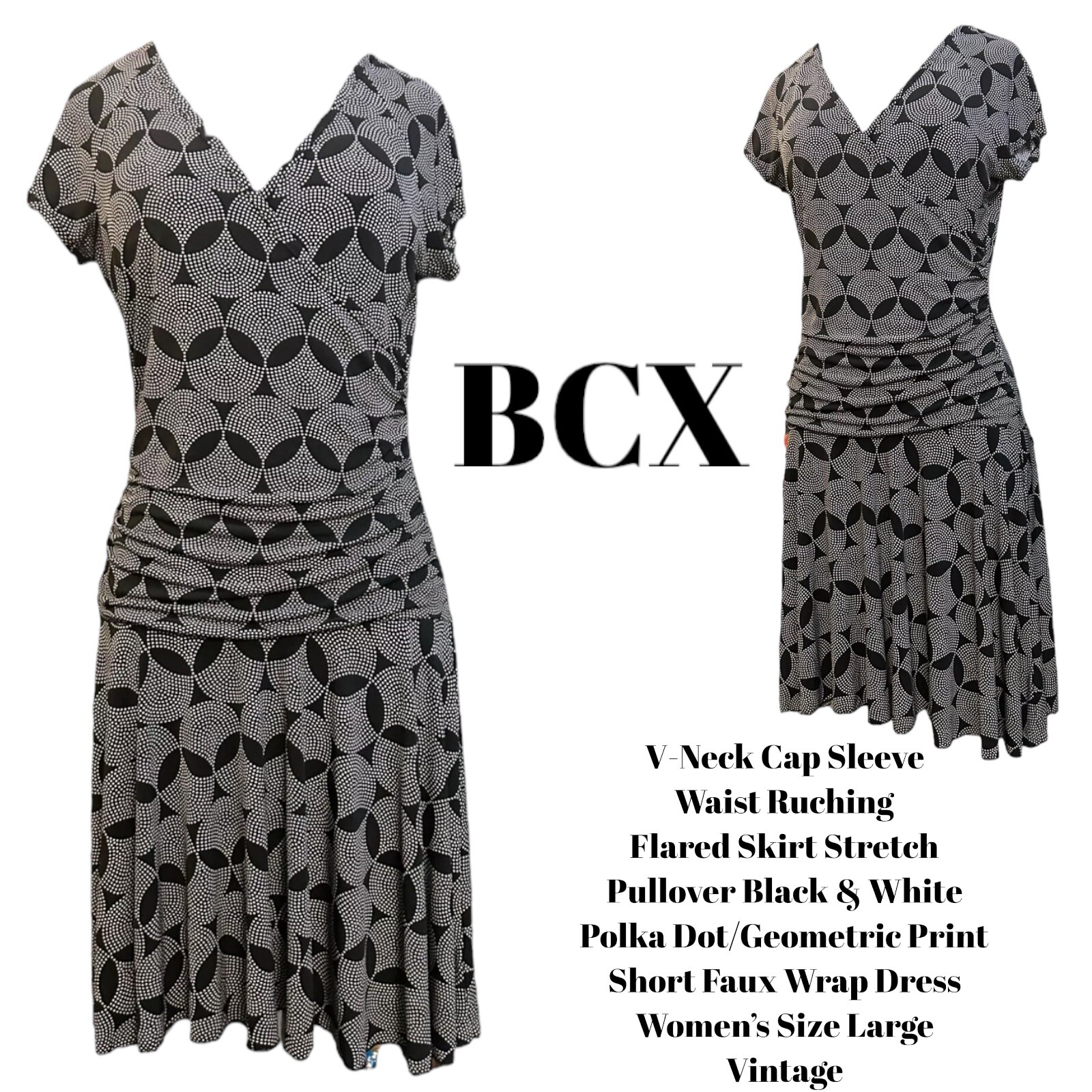BCX V-Neck Cap Sleeve Ruching Bl/Wh Geo Print Short Faux Wrap Dress Women L VTG
