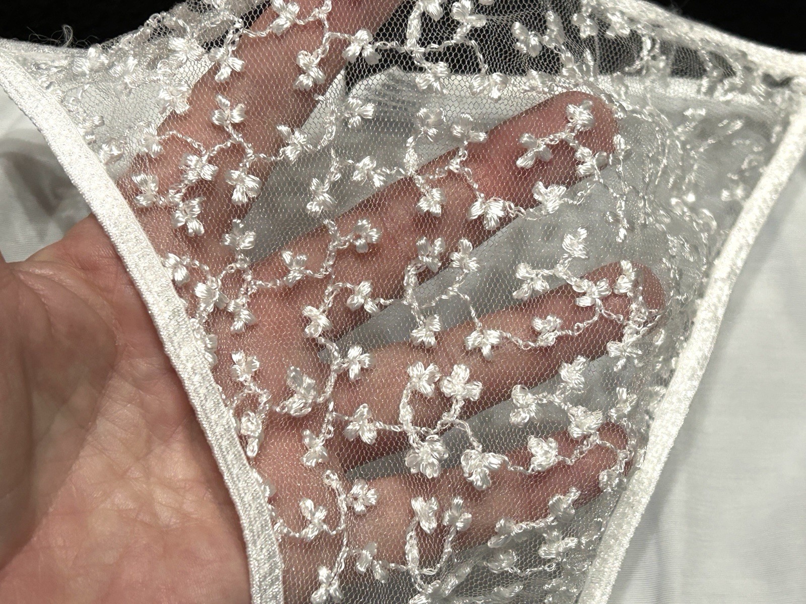 Vtg DONNA LOREN 105X Embroidered Sheer Mesh Satin 2X White String Bikini Panties