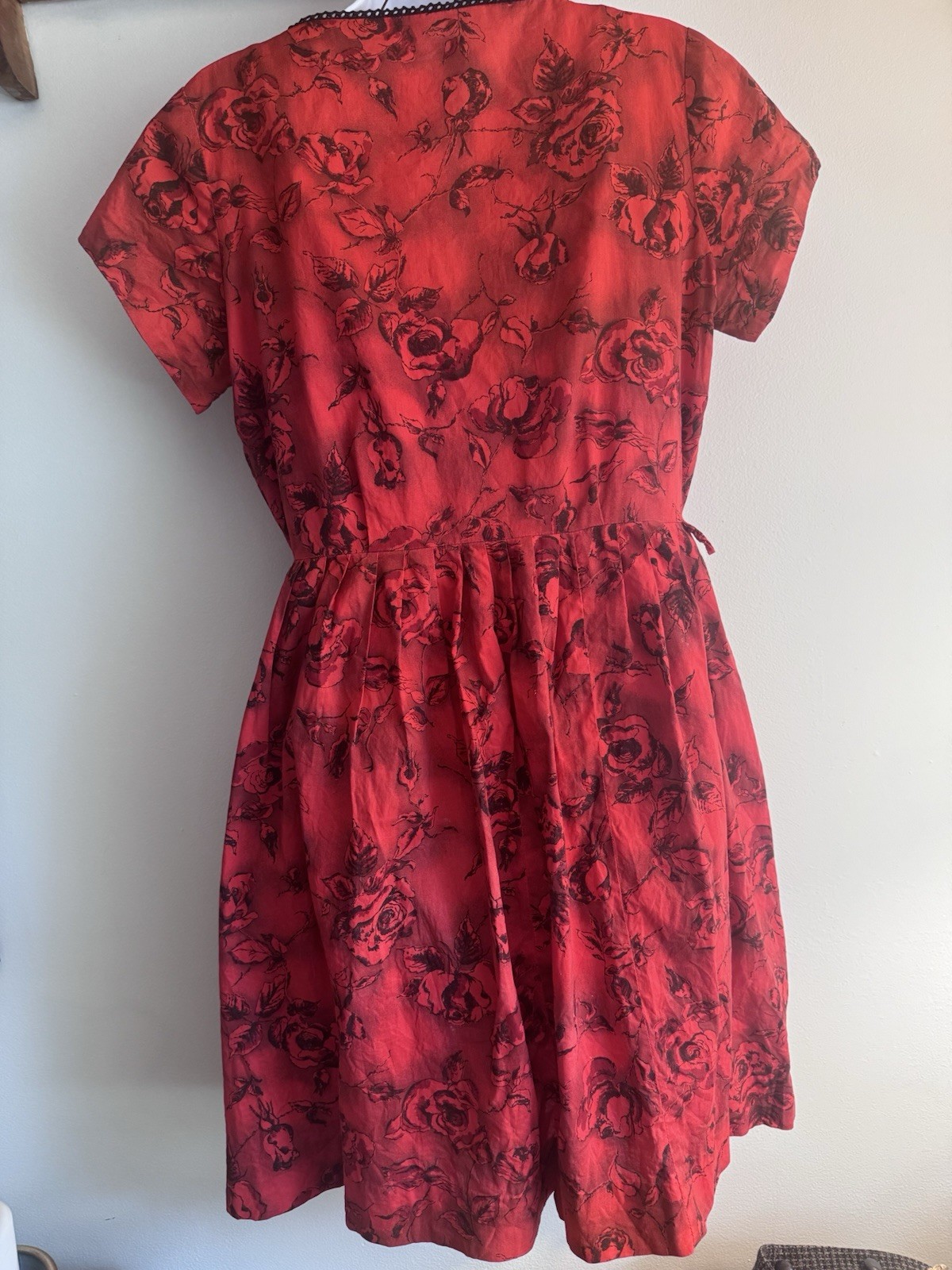 Vintage 1950s Mode O Day Red Black Rose Cotton Day Dress Rockabilly Medium