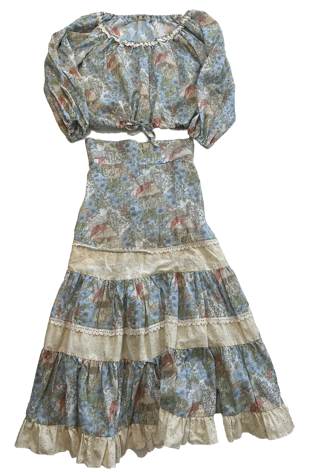1970s 2 Pc Tiered Skirt Top Sweet Fairie Cotton Print Lace Hippie Bohemian Sz 5