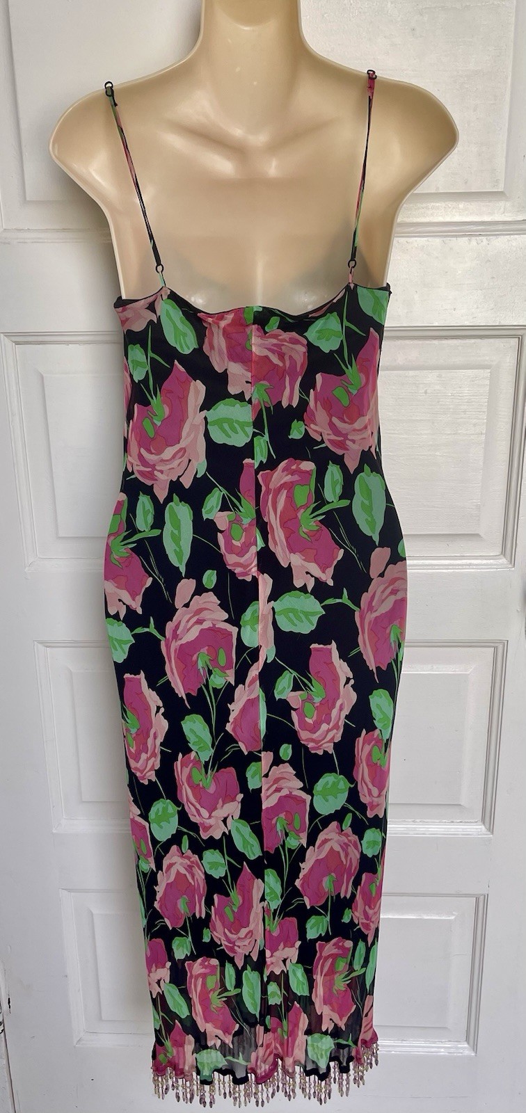 Vintage 90s Betsey Johnson Silk Floral Midi Dress Beads Size M Will Fit 6