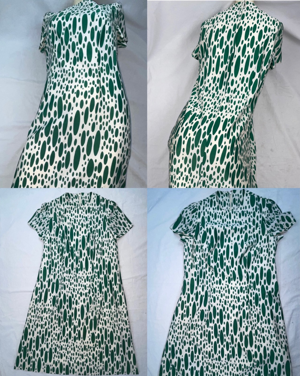 VTG 60S 70S WOMENS S GREEN SPOTTED POLKA DOT DISCO MOD GO-GO RETRO DRESS