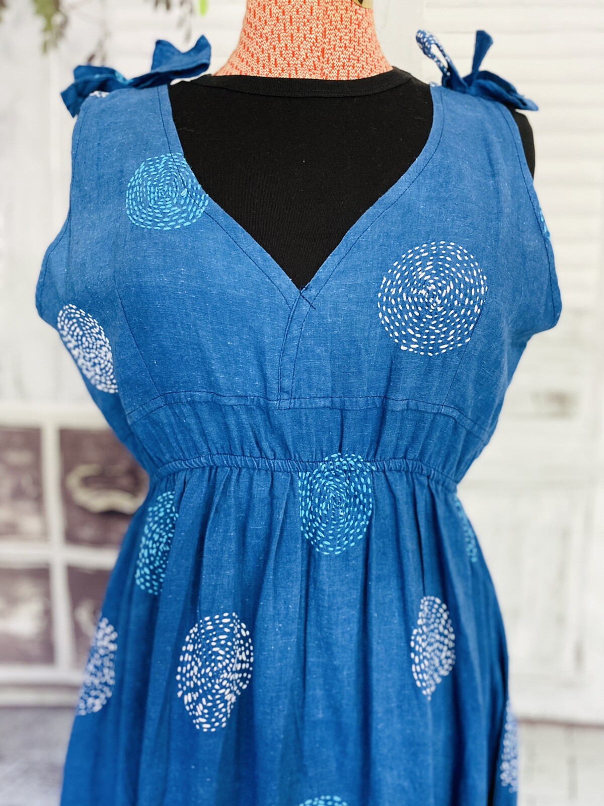 HANDMADE INDIGO KANTHA/SASHIKO EMBROIDERY GEOMETRIC MAXI DRESS SKILLED ARTISANS
