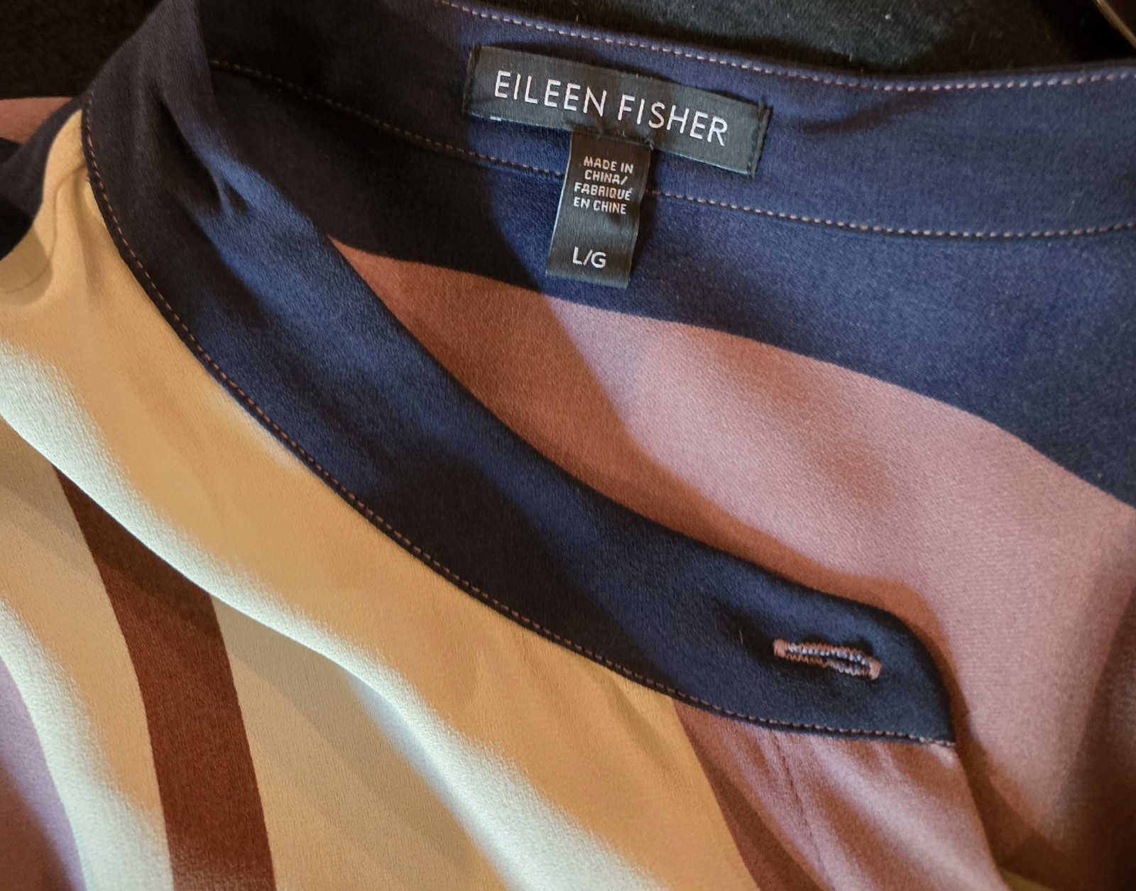 Eileen Fisher Silk Blend Multicolor Vertical Stripe Mandarin Collar Blouse L