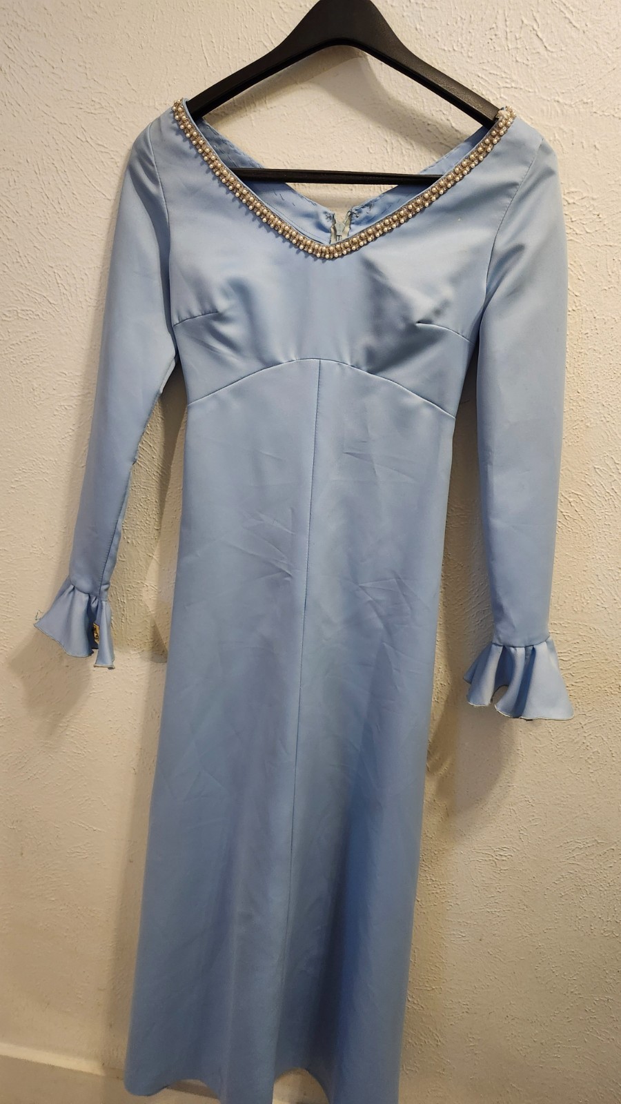 Vintage Evening Custom Dress Size Medium Light Blue Bell Sleeves Pearl Accent