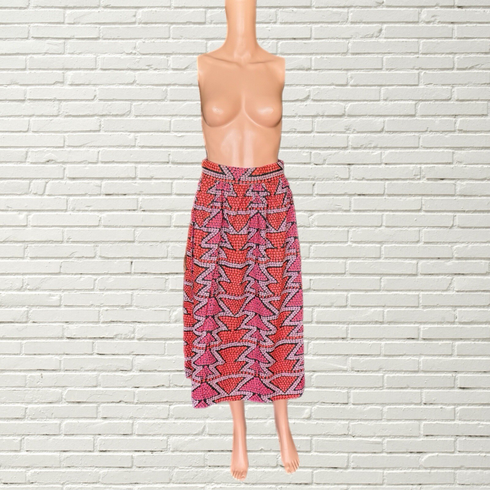 Vintage 60s Geometric Floral Print Maxi Skirt Pink & Red Flowers Hippie