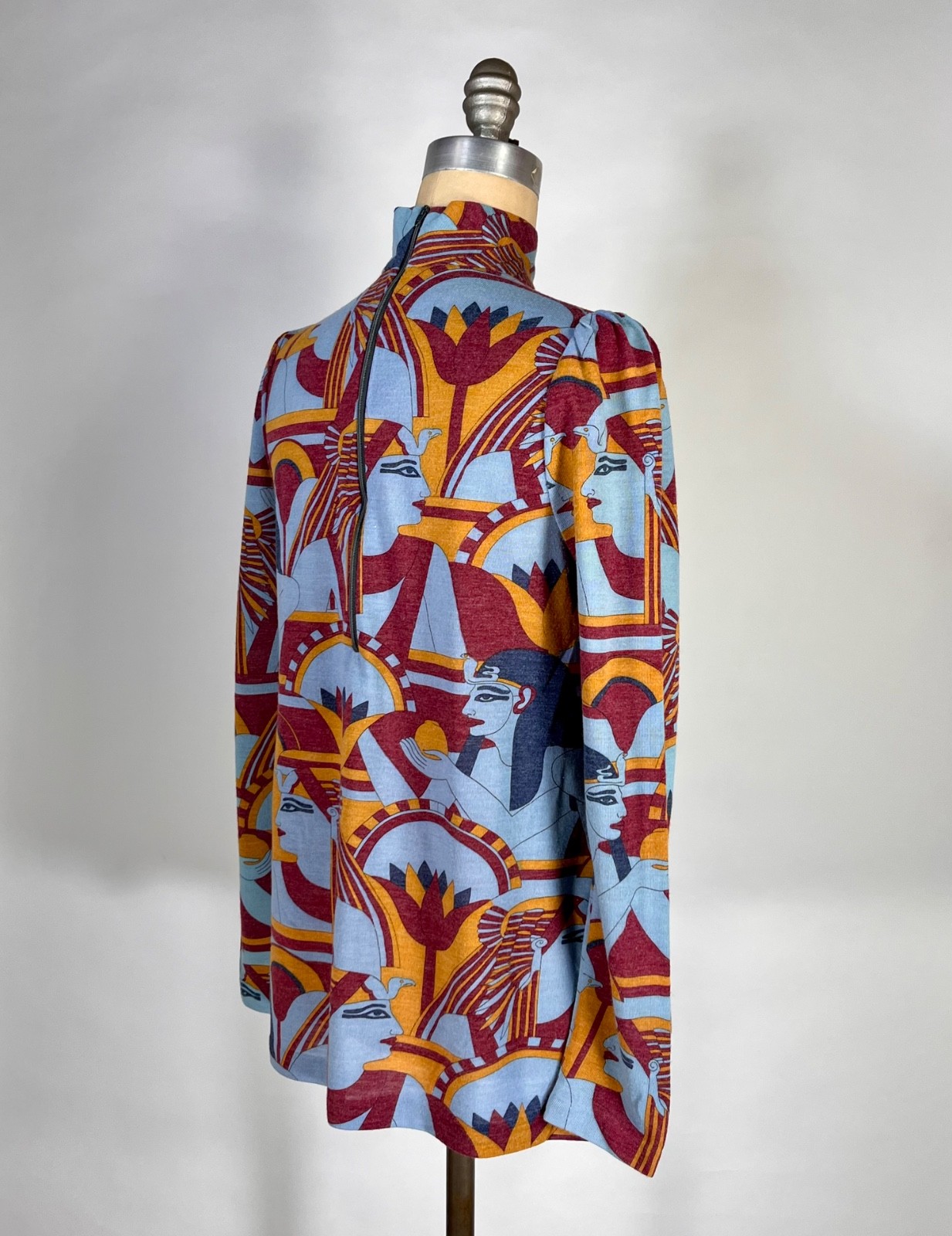 Vintage 1960’s-70’s blue EGYPTIAN print medium-weight knit top by Add 1 Ltd. S/M