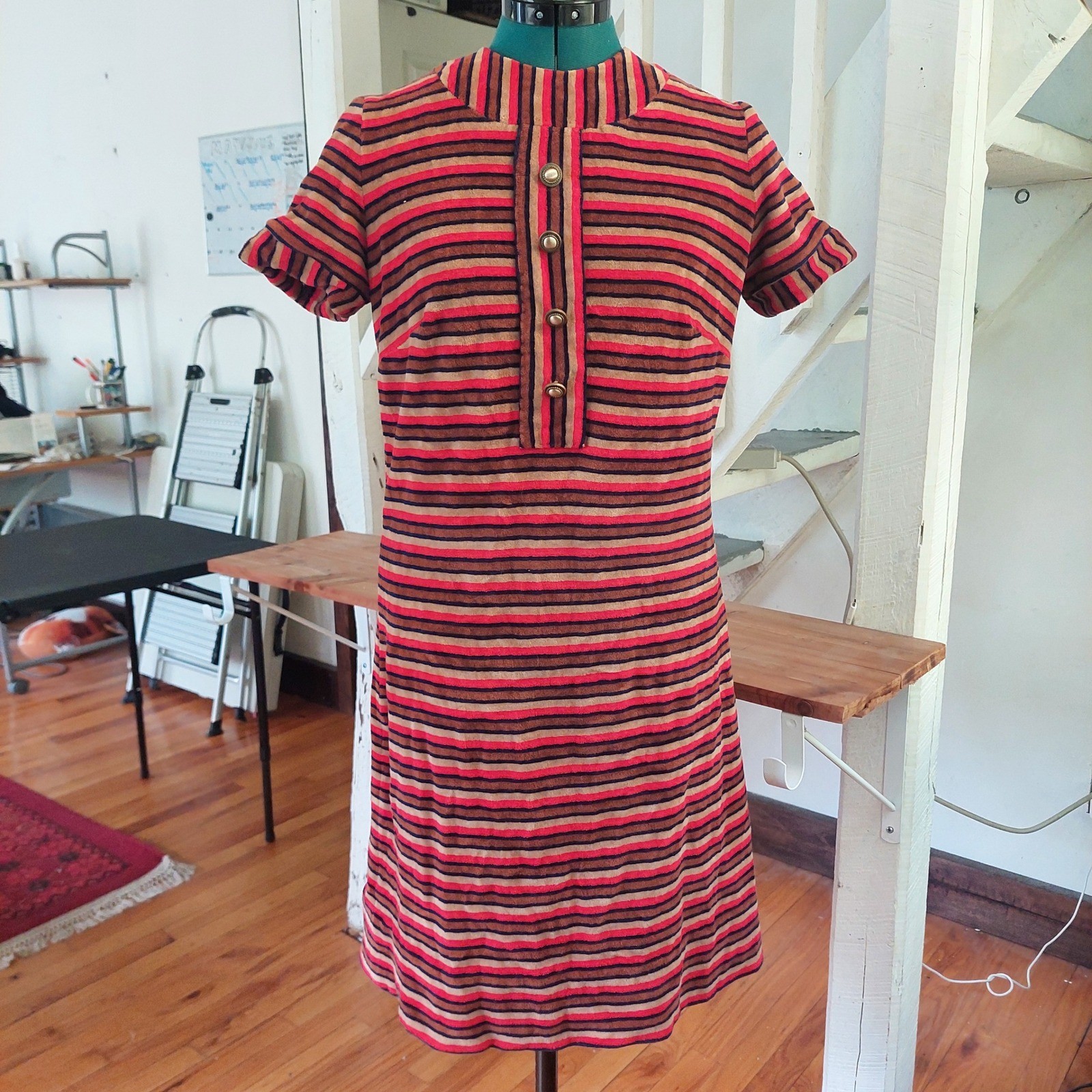 Vintage 60s 70s Mod Striped Velour Shift Dress Red Brown Retro Mini Dress