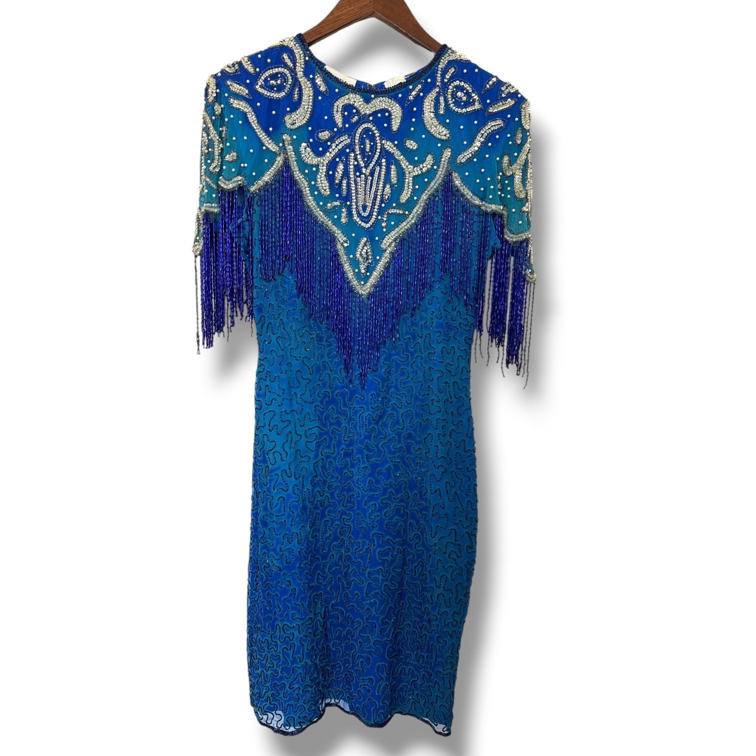 Sweelo Sequin Beaded Silk Formal Evening Dress 8-10 Fringe 80s Vintage Gatsby