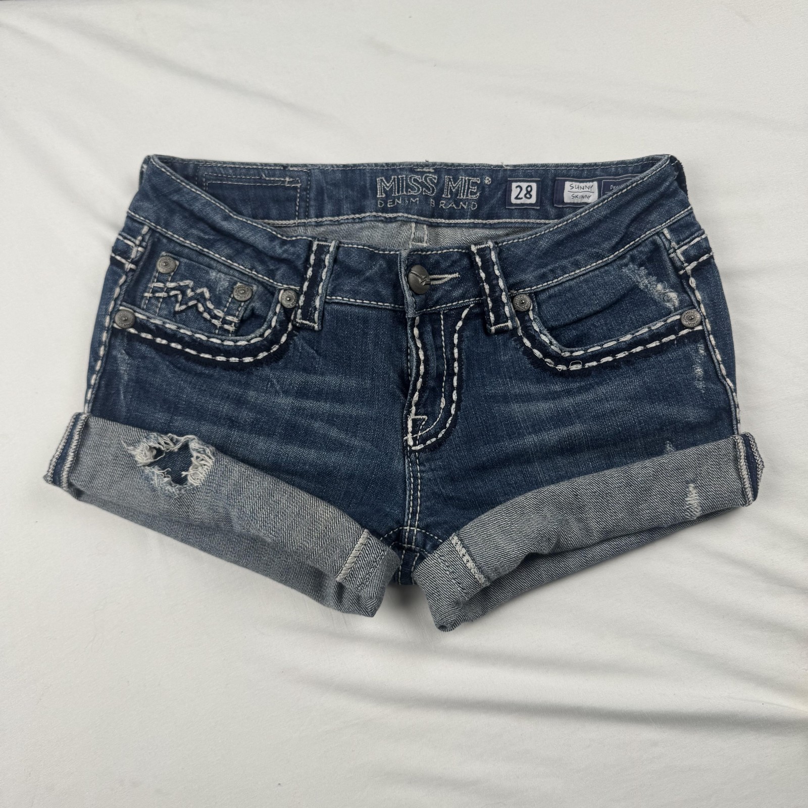 Miss Me Denim Shorts Womens 28 Blue Rolled Cuff Contrast Stitch Pockets Casual