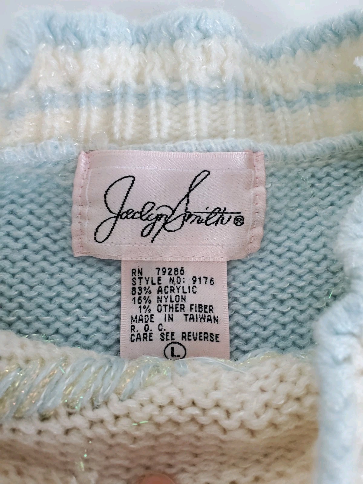 Jaclyn Smith Vintage Sweater Chunky Beaded 80’s White Blue Pink LARGE