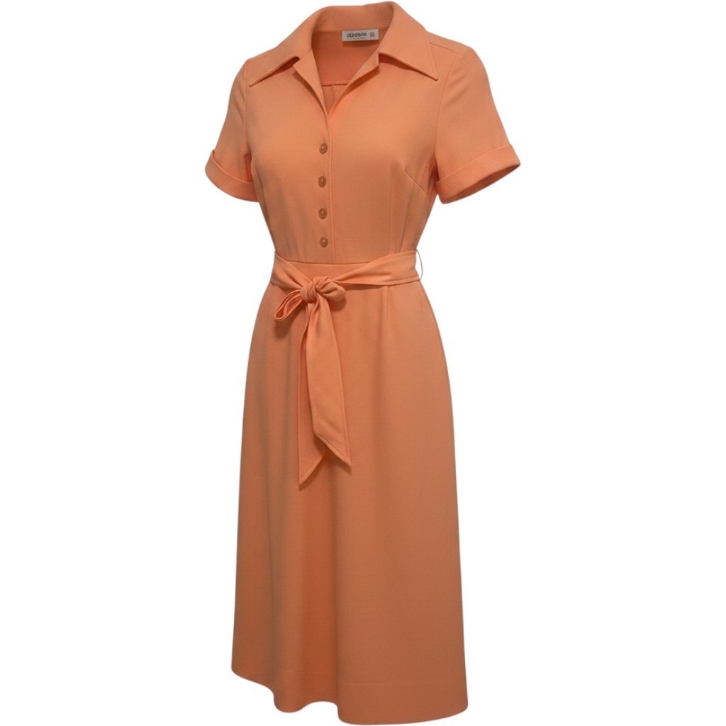 Vintage 70s Shirt Dress Peach ILGWU Union Made Short Sleeve Belted Midi