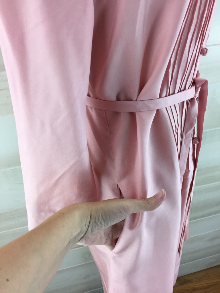 Vintage 70s 100% silk pink pin tuck belted tunic dress pockets mandarin collar M