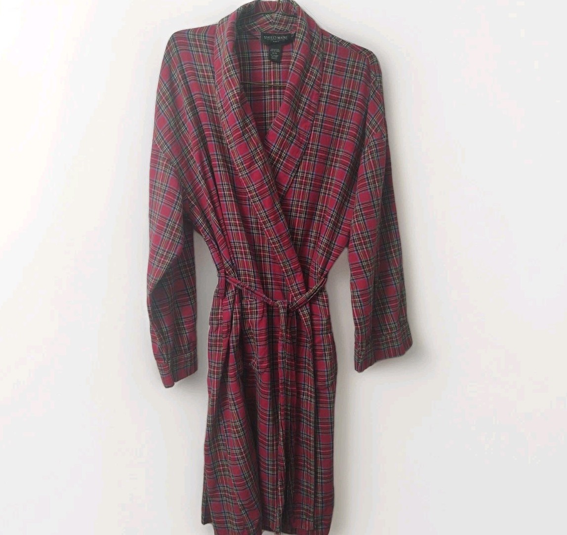 State O Maine UNISEX 1X/2X Red Plaid FLANNEL Cotton Bathrobe Loungewear Cozy Vtg