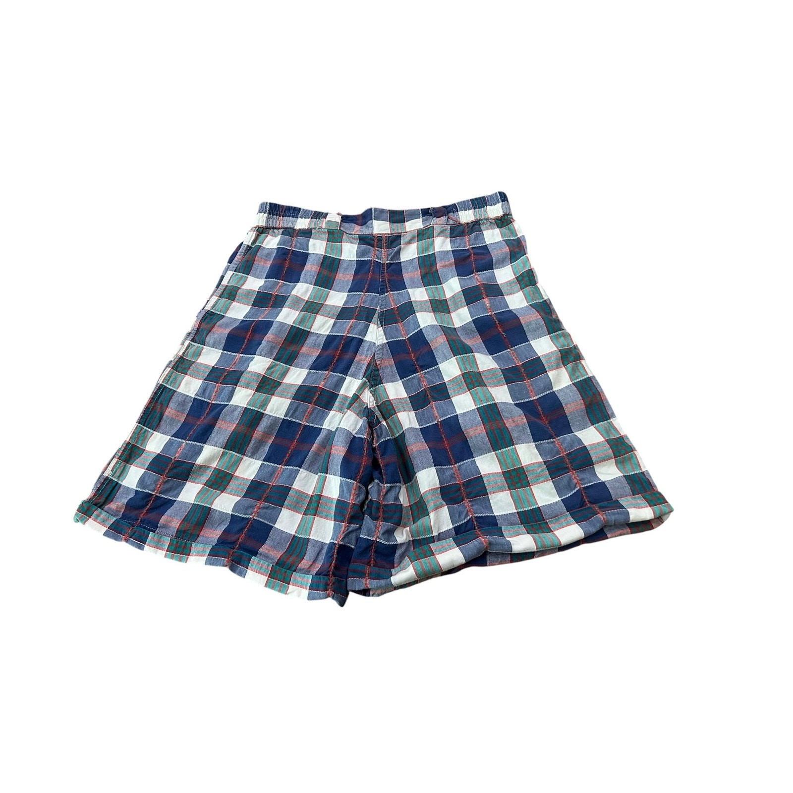 High Waist Plaid Shorts Vintage 80s Embroidered Pleated Cotton M/L Preppy ^