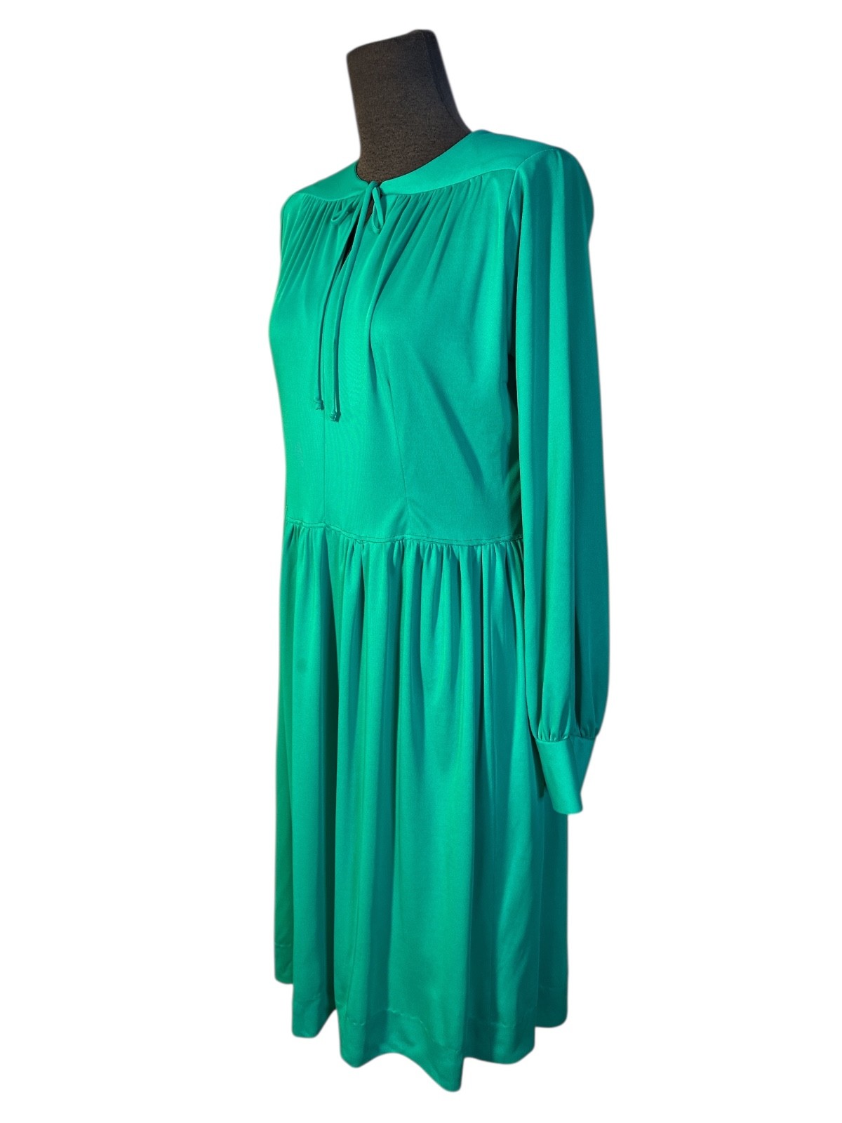 Womens Vintage 70’s Green Secretary Disco Dress Pleated Keyhole Tie Holiday M-L