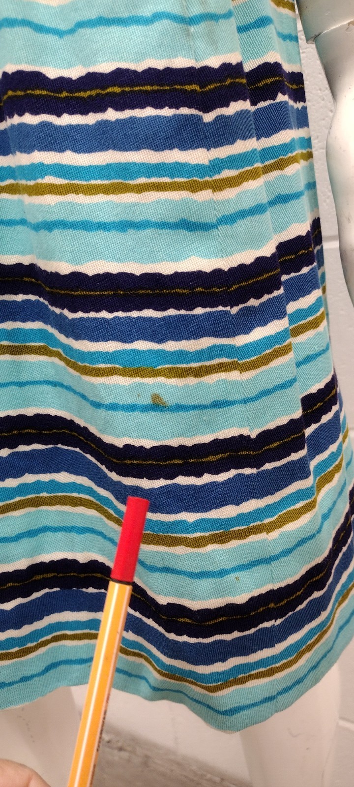 Vintage MCM Papillon Dress Audrey Style Mid Century Stripes Avocado Blue W 24″