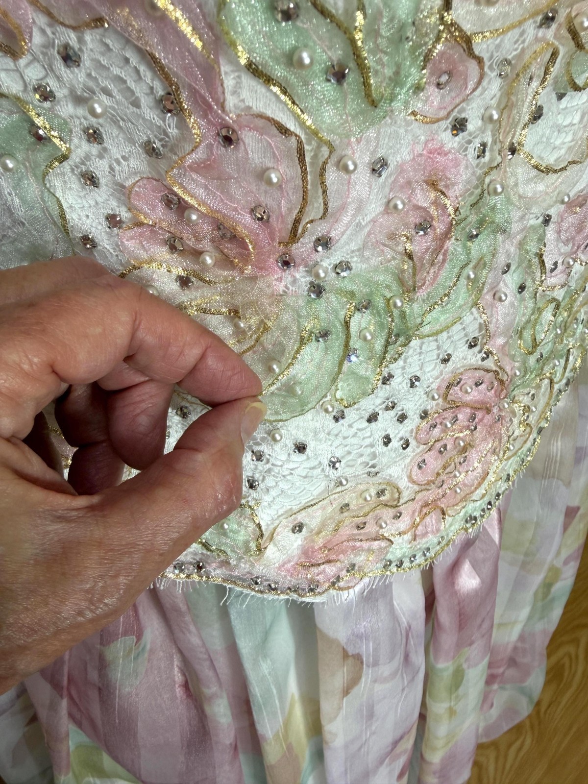 Vintage 80s Rose Taft Couture Fashions gown pastel beaded strapless with bolero