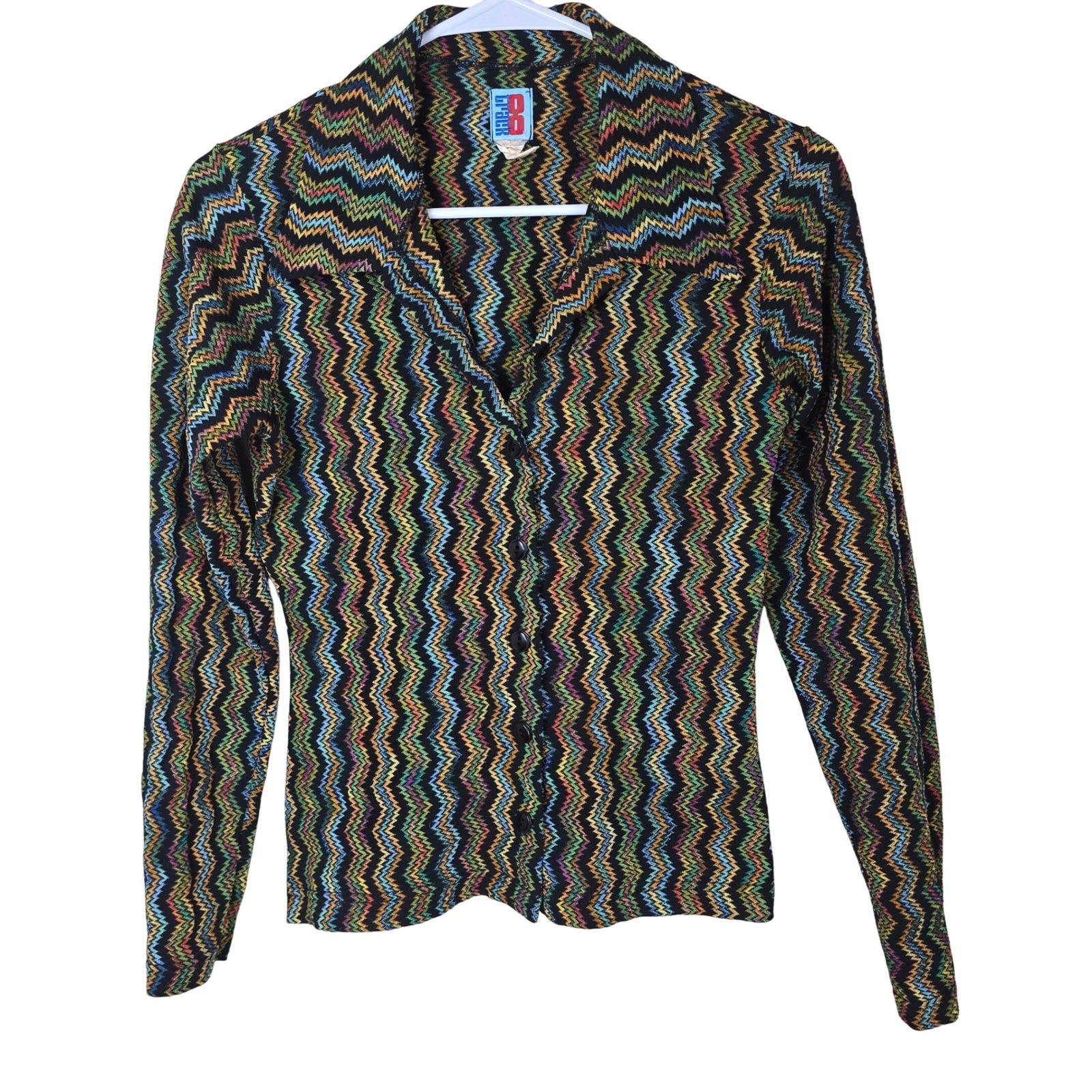 VTG 70s 8 Track Multicolor Chevron Zig Zag Knit Button Up Shirt Disco Retro