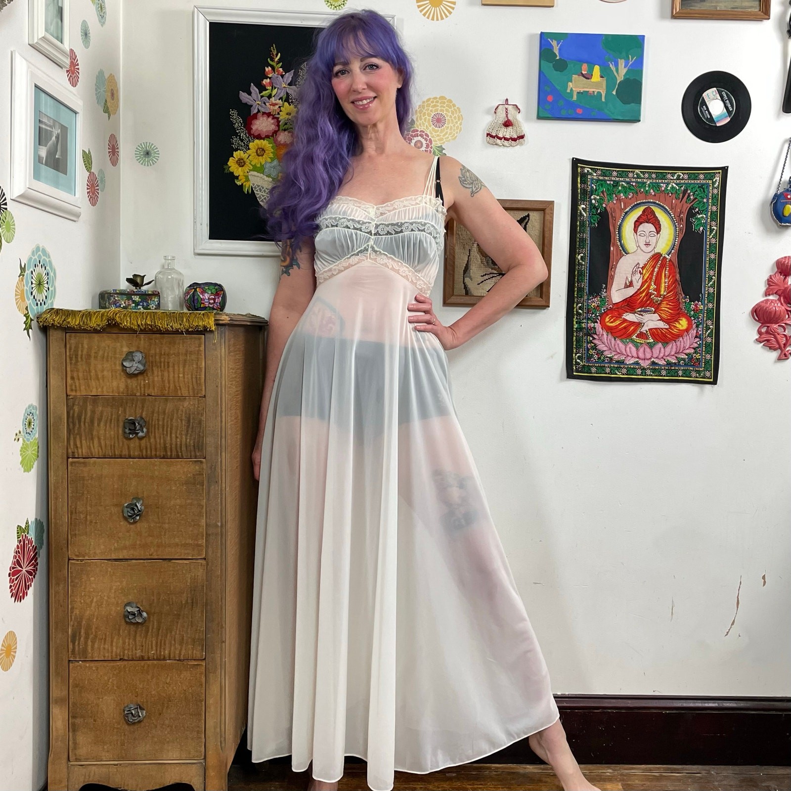 Vintage Vanity Fair Nightgown ,1950s Sheer Full Sweep Skirt Honeymoon Lingerie S