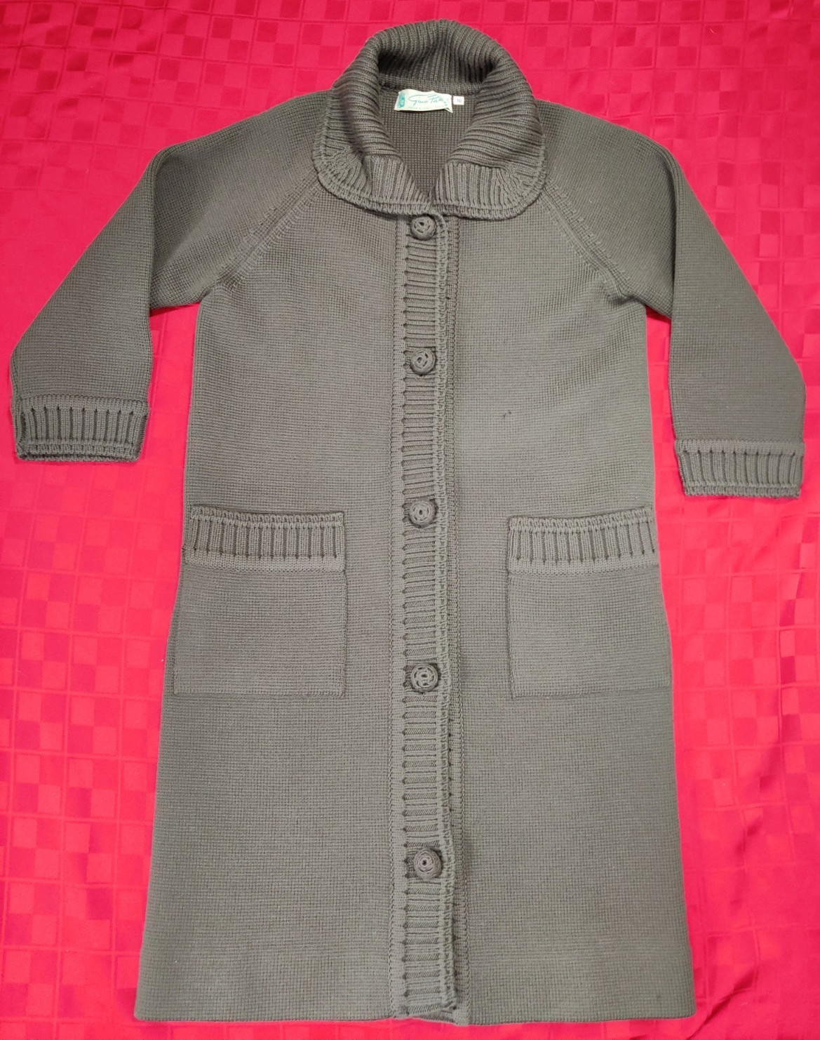 VGT. Gino Paoli Wool Long Cardigan 3/4 Sleeve Curved Collar Pockets Green 10
